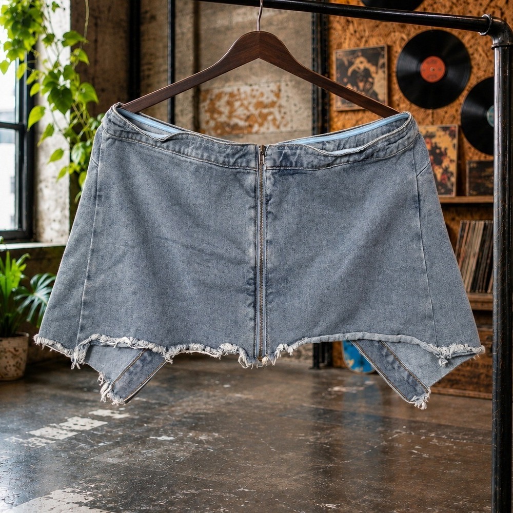Blue Denim Zip Front Corset Top Skirt Overlay Medium Wash Raw Hem